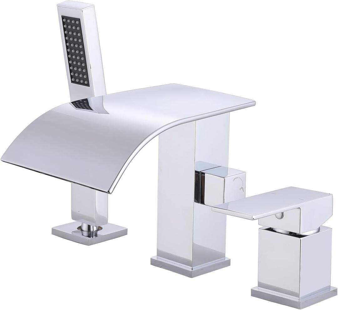 Waterfall Roman Tub Faucet with Hand Shower, Deck Mount Tub Filler Bathtub Faucet with Sprayer, Single Handle Bathtub Faucet Set, Brass Widespread 3 Hole Bathtub Shower Faucet Set, Chrome