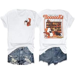 Halloween Teacher Shirts Women Spooky Teachers T-Shirt Cute Ghost Pumpkin Graphic T Shirt Teach My Boo Reading Tops Size L