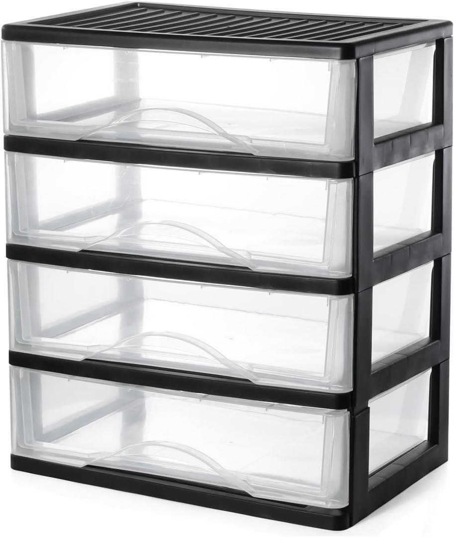BYCY Medium 4 Drawer Clear Stacking Desktop Organizer for Office Supplies,Stackable Storage Drawers Plastic Storage Bins For Kitchen Cabinets, Pantry, Home Organization (Black, Medium 4Drawer)