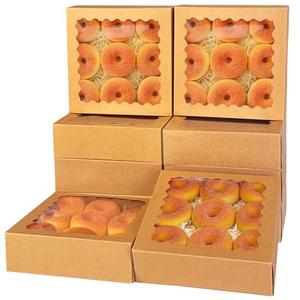 qiqee Auto-pop Up 8pcs Brown Pastry Box With Window Donut Pie Boxes 12"x8"x2.5" Bakery Box