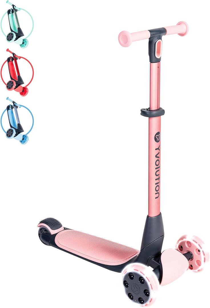 Yvolution Y Glider Nua 3-Wheel Kids Scooter – Adjustable Height, Arc-Folding Handlebar, LED Light-Up Front Wheels, Extra-Wide Deck, Ages 3-10, Pi