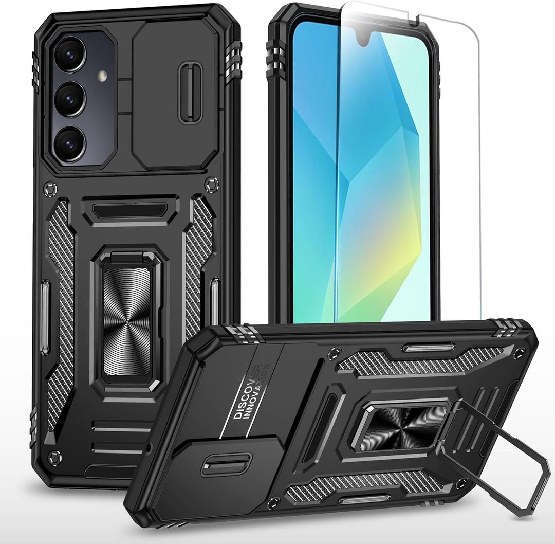 SunStory Phone Case Compatible with Samsung Galaxy A16 5G Case with HD Screen Protector & Slide Camera Cover & Rotated Ring Kickstand, [Shockproof] Dual Layers Phone Case for Samsung A16 (Z_Black)