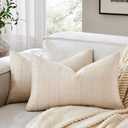 ZeeMart Linen Checked Lumbar Throw Pillow Covers Set of 2, 12x20 Inch Allover Grid Beige, Farmhouse Decorative Double Sided Grid Embroidered Couch Pillow Cases Beige Cotton Linen Cushion Covers