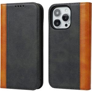 Fashion Flip Folio for iPhone 15 Pro Max - Two-Tone Faux Leather Wallet Case with 3 Card Slots & Built-in Stand, Black & Yellow