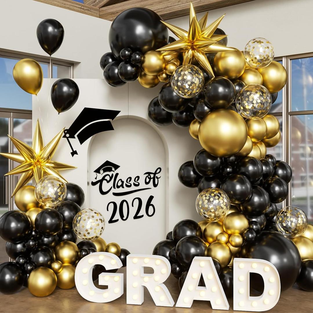 Black Gold Balloon Arch Kit Graduation Decorations 2026, 130Pcs Black and Gold Balloons and Foil Star Balloon with Confetti Ribbons Grad Party Decorations for College High School Class of 2026