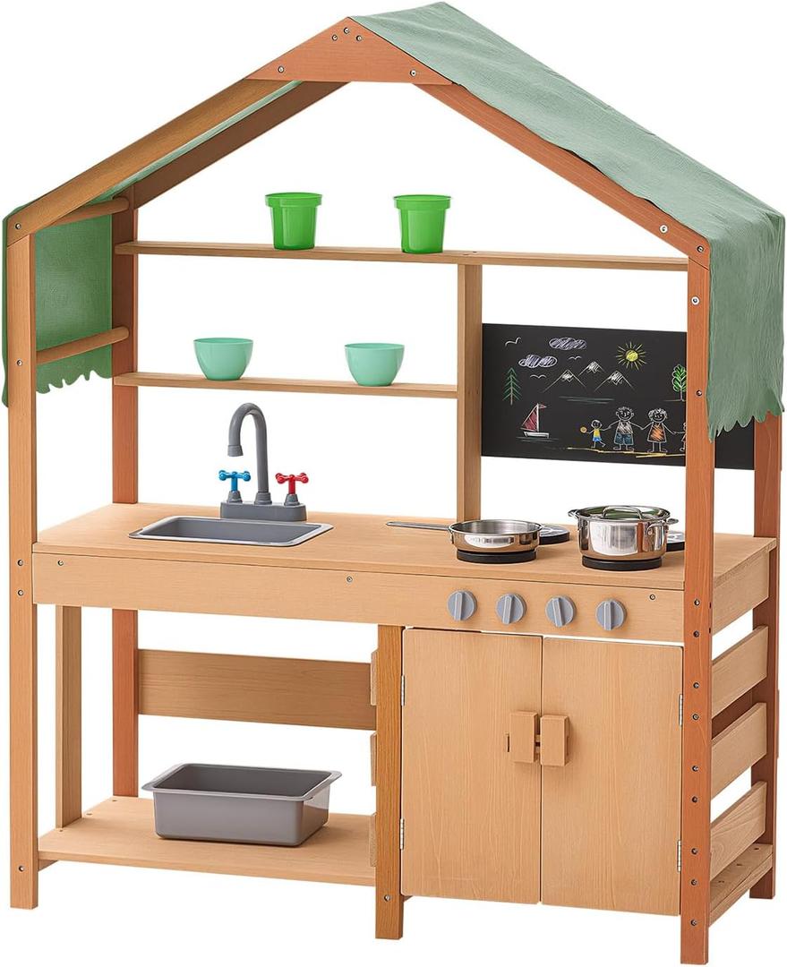 VEVOR Mud Kitchen for Kids Outdoor, Wooden Mud Kitchen Set with Canopy, Mud Kitchen for Kids Outdoor Backyard with Stoves, Planter Boxes, 2 Sink, Faucet, Blackboard, Cookware Pot, 40‘’ x 16‘’ x 50‘’