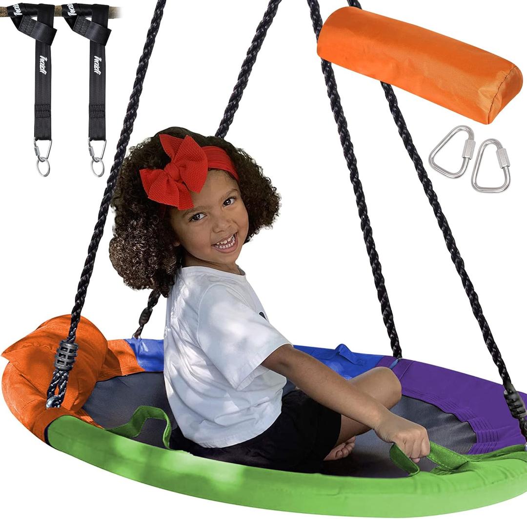 40 Inch 700lb Round Outdoor Tree Swing for Kids - Flying Saucer Swingset - Heavy Duty Disk Swings with Straps, Adjustable Ropes, Handles and Pillow - Large Circle Swing for Children