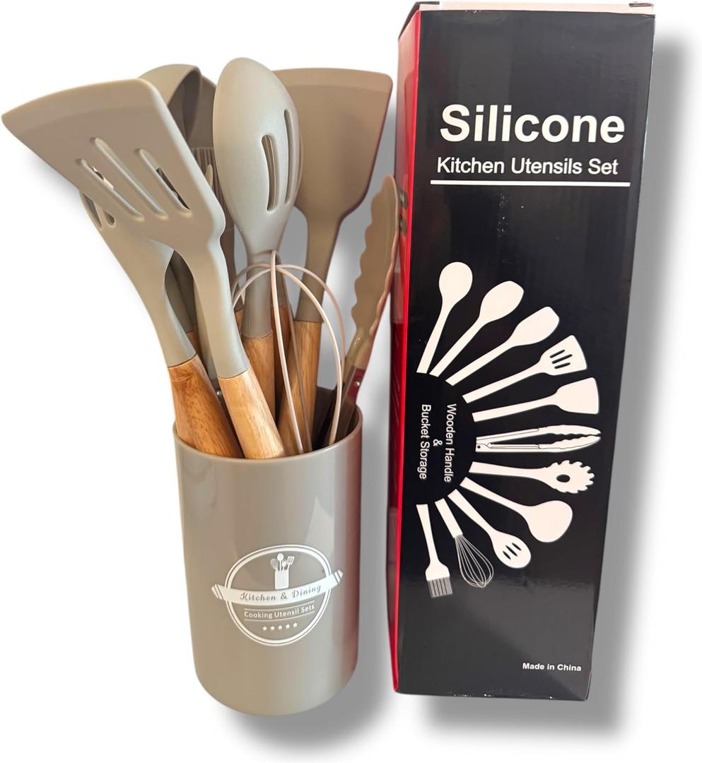 12-Piece Silicone Cooking Utensil Set with Wooden Handles, Gray Holder (Ivory)