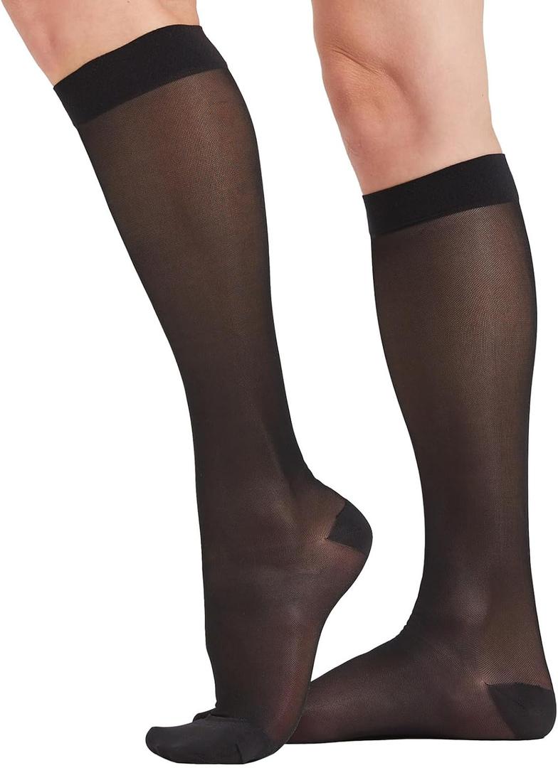 2 Pairs Sheer Compression Socks for Women - 15-20 mmHg Knee High Sheer Compression Stockings for Support Circulation Swelling Edema Work Office Travel, Black, Small