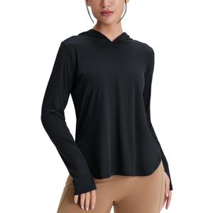 Women's Rash Guard Long Sleeve UV Sun Protection Shirts with Thin Hoodie UPF 50+ Lightweight SPF Tops for Hiking (Black)