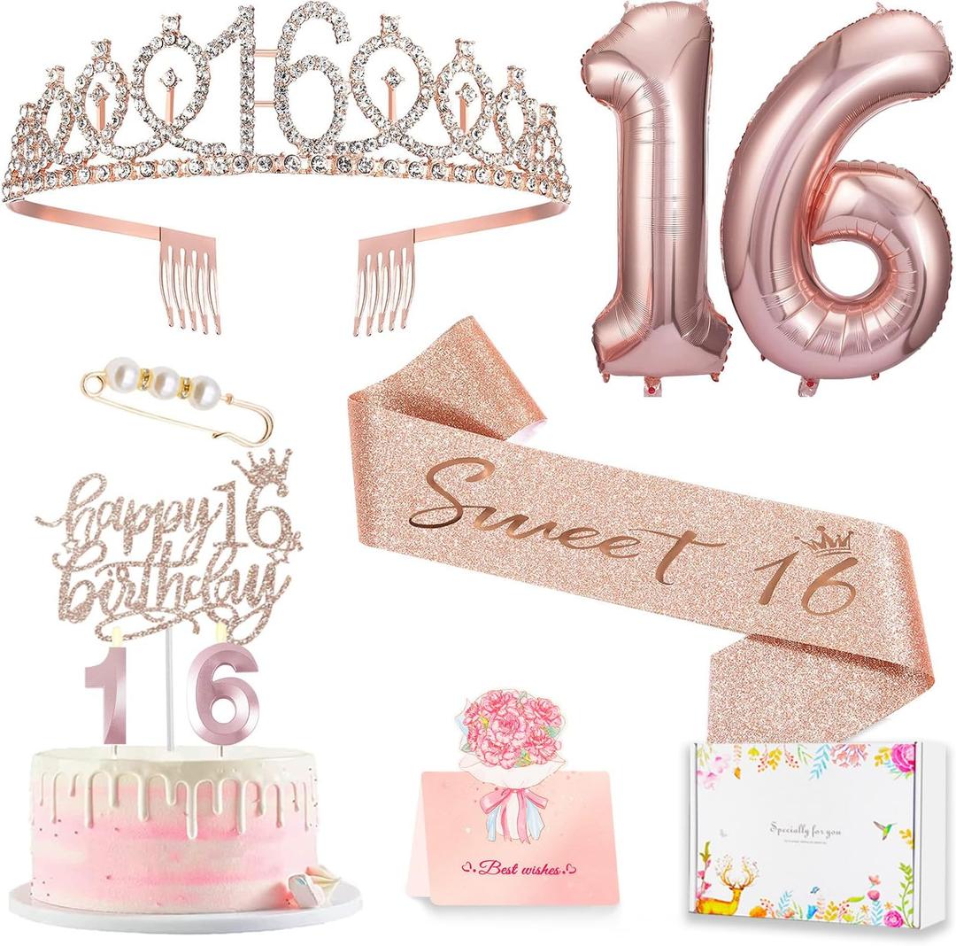 2 x Sweet 16 Birthday Party Decorations for Girls, Sweet 16 Sash and Tiara, Cake Toppers, Number Candles and Balloons, 16th Birthday Gifts for Girls