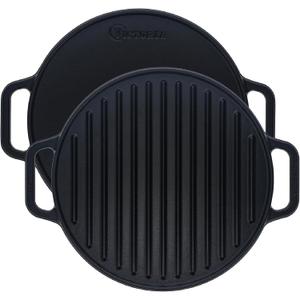 Victoria Round Cast Iron Grill. Double Burner Griddle, with Removable Coil Handles Seasoned with 100% KoBibir Certified Non-GMO Flaxseed Oil, 12.5 Inch, Black