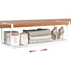 Expandable Under Cabinet Shelf, Extendable Under Shelf Storage with 0.94 Inches Thick Clips for Shoe Rack, Pantry Cabinet, Laundry Room. (White, 1 Pack, Interior: 6" H x 8.26" D)