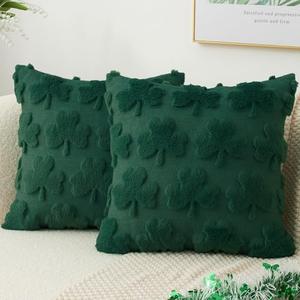 Kevin Textile St. Patrick's Day Pillow Covers 18 x 18 Inch Pack of 2 Soft Faux Fur Green Shamrock Decorative Lucky Clover Throw Pillowcase for Spring Home Bed Sofa Couch Dark Green