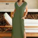 MEROKEETY Women's 2025 Spring Summer Maxi Dress Casual V Neck Split Beach Vacation Loose Long Dresses (Green, S)