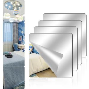 4 Pack Acrylic Mirrors for Wall,10" x 10" Self Adhesive Frameless Small Mirror Tiles, Flexible Plastic Mirror Sheets for Home Wall Decor Bedroom Gym DIY (4, 10"x 10")