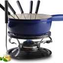 Artestia Cast Iron Fondue Pot Set for Cheese & Chocolate, Fondue Set for 6 with Burner & 6 Forks, Swiss Fondue Pot for Party, Family & Gift, Blue