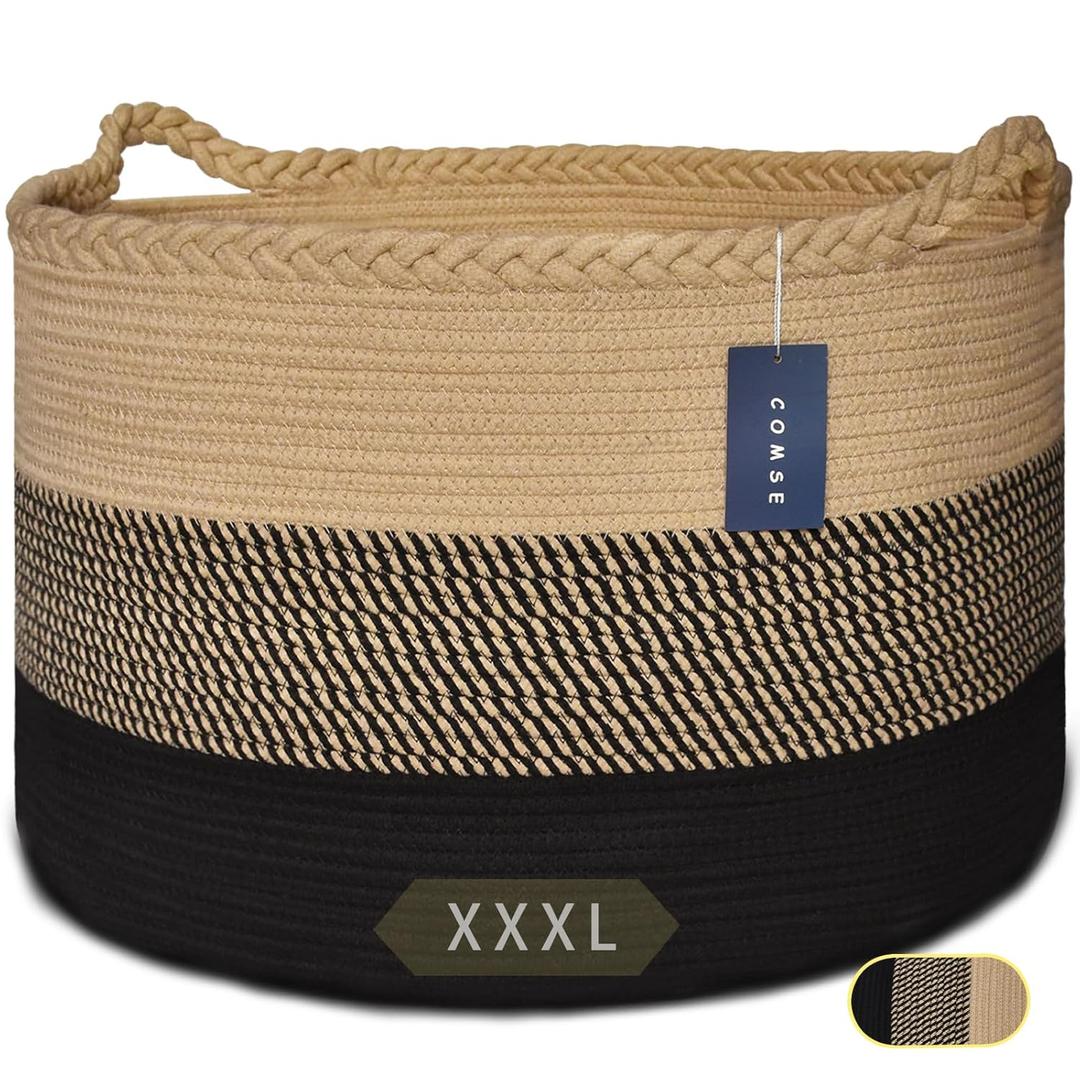 COMSE Extra Large Blanket Basket, Woven Laundry Basket, 21.7x 13.8, Nursery Hamper, Cotton Rope Laundry Hamper Living Room for Storage Toys Clothes Towels (Brown & Black)