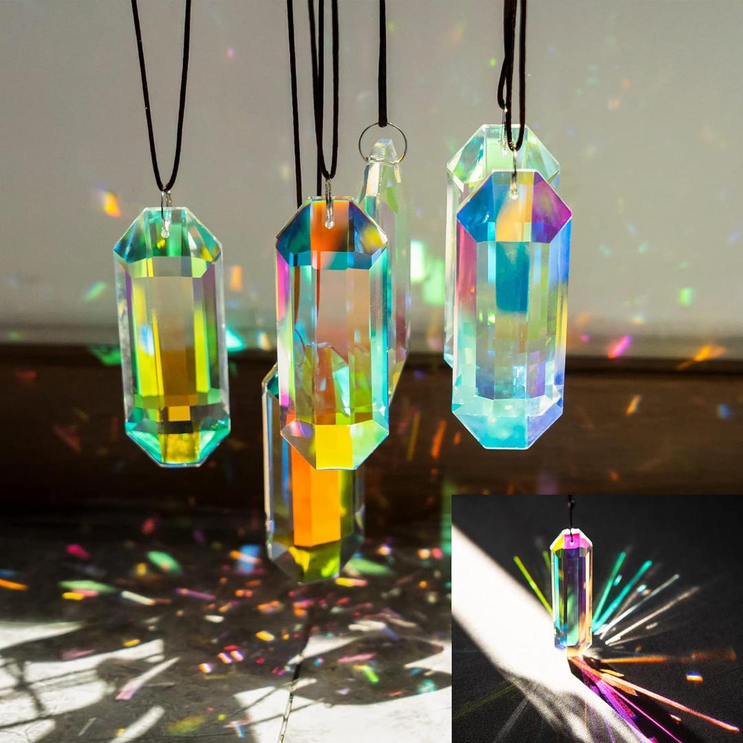 HDCRYSTALGIFTS 6 Pack 3'' Crystal Sun Catchers, Rainbow Maker Hanging Crytals for Windows Sticks Prism Suncatchers for Garden Home Decor Glass Ornaments for Christmas Tree