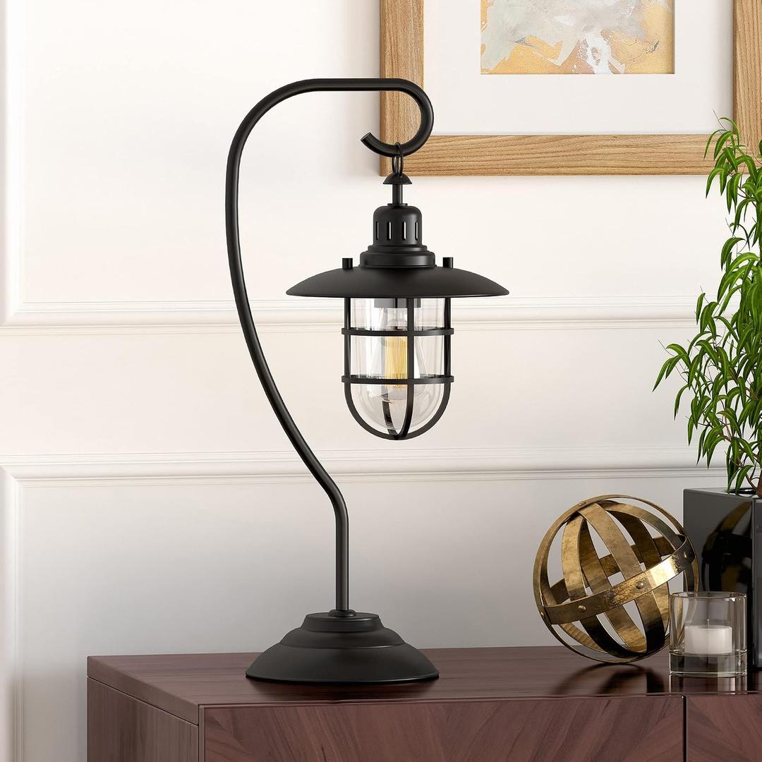 Henn&Hart 22" Nautical 1-Light Table Lamp with Clear Metal and Glass Globe Shade for Living Room, Bedroom, or Office, Black