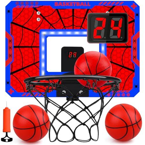 Basketball Hoop Indoor, Mini Basketball Hoop LED with 3 Balls and Scoreboard, Over The Door Basketball Hoop, Basketball Kids Toys Gifts for 3 4 5 6 7 8 9 10 11 12 Year Boys (Red)