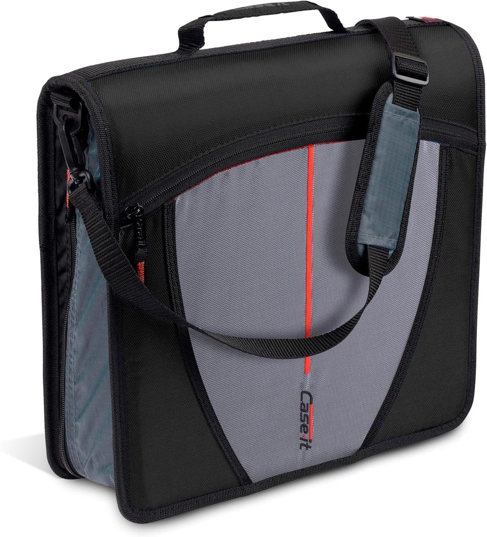 Case-it Mighty Zip Tab School Zipper Binder | 3-Inch O-Rings, 600-Sheet Capacity, 5-Subject Expanding File Folder, Multiple Pockets & Storage Organizer, Shoulder Strap | D-146 Jet Black