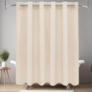 Ga-Geetopia No Hook LinenTextured Shower Curtain Set, Hotel Luxury Style Beige Shower Curtain with See Through Top Window, Machine Washable & Water Repellent, 72W x 72L