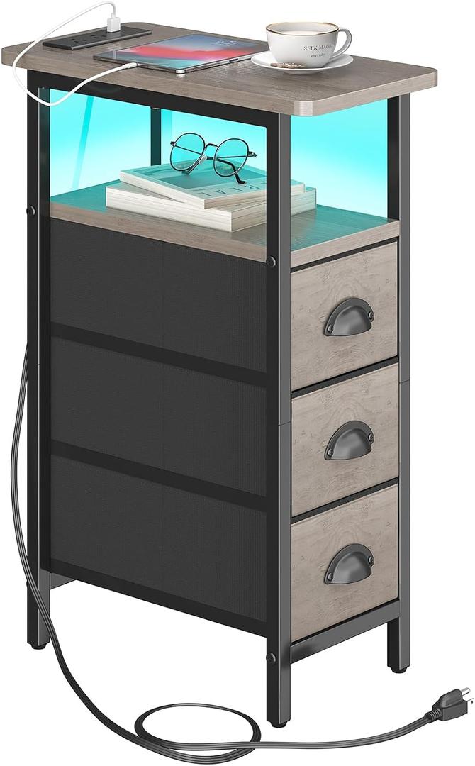 sthmec End Table with Charging Station,LED Side Tables with USB Ports and Outlets,Skinny Bedside Tables with 3 Drawers,Small Tabls Nightstands for Small Space,Slim Sofa Table for Livingroom, Grey, 7.88'' W*15.75'' D*24.3'' H