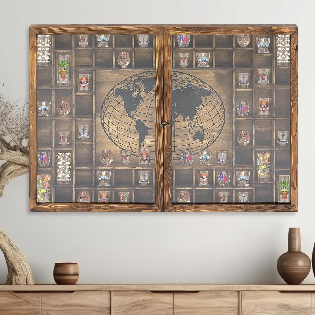 Large World Map 68 Slots Shot Glass Display Case Drop-Resistant and Dustproof Shadow Box 39 x 28'' Rustic Wood Cabinet Holder Wall Mounted Lockable Rack with Acrylic Glass Door for Bar Home Organizer