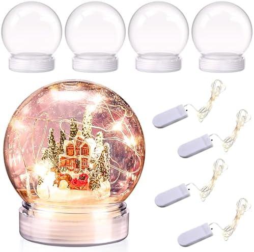 Yahenda 8 Pieces 3.9 Inch DIY Snow Globe Water Globe Clear Plastic with String Lights 4 Pcs Lights 4 Pcs Xmas Water Jar for Christmas DIY Crafts Home Decor and Customization Gifts Party Favors