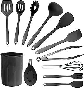 Silicone Cooking Utensils Set Utensil Sets - 446F Heat Resistant Silicone Kitchen Utensils Set Wooden Handles, Silicone Utensils for Cooking w Holder for Non-Stick Cookware BPA FREE (Black)