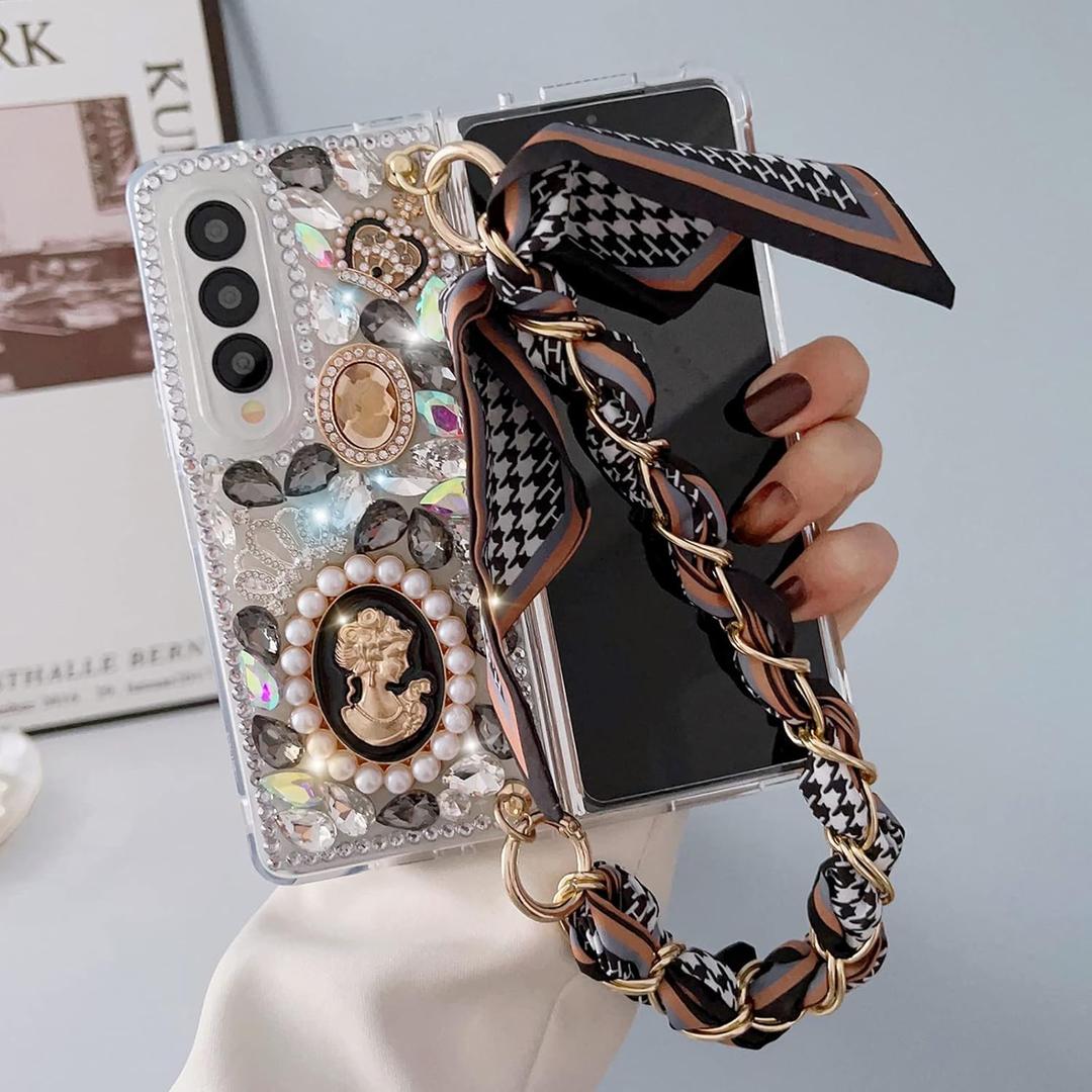 Omio for Samsung Galaxy Z Fold 4 Bling Case with Hand Chain Wrist Strap Bracelet Silk Scarf for Girls Women Sparkle Rhinestone Pearl Crystal Glitter Diamond Shockproof Cover for Galaxy Z Fold 4 Black