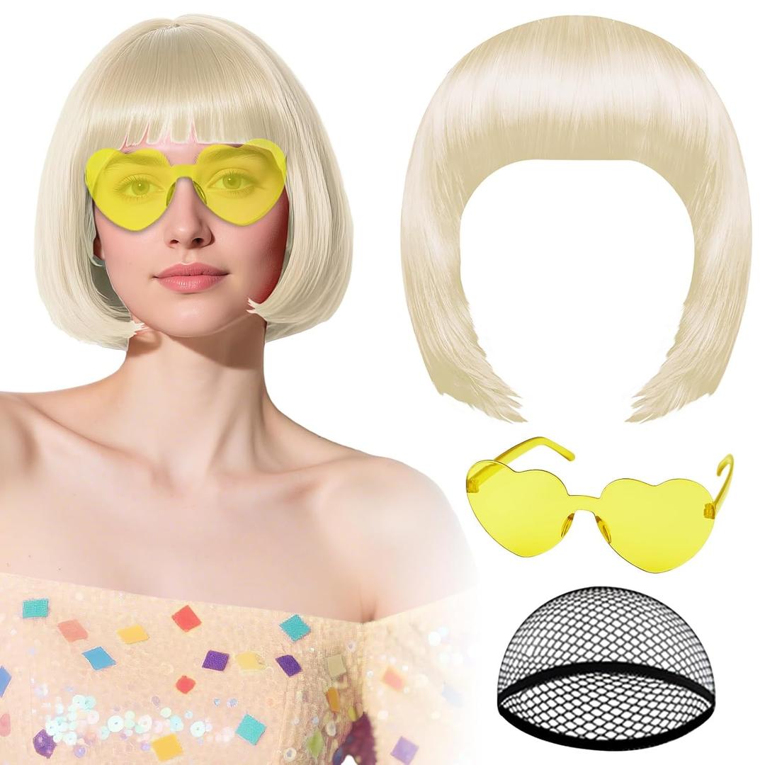 PLULON Blonde Bob Wig with Heart Sunglasses and Hair Cap for Women, Gold Short Bob Wigs Synthetic Colored Funny Cosplay Hairpieces for Women Men Neon Bachelorette Halloween Costume Party Decorations