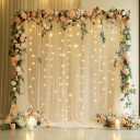 Tulle Backdrop Curtain with Lights String 10FT X 8FT Champagne Sheer Tulle Backdrop Curtains for Wedding Birthday Party Reception Photo Booth Background Decorations (2 Panels 5x8FT)