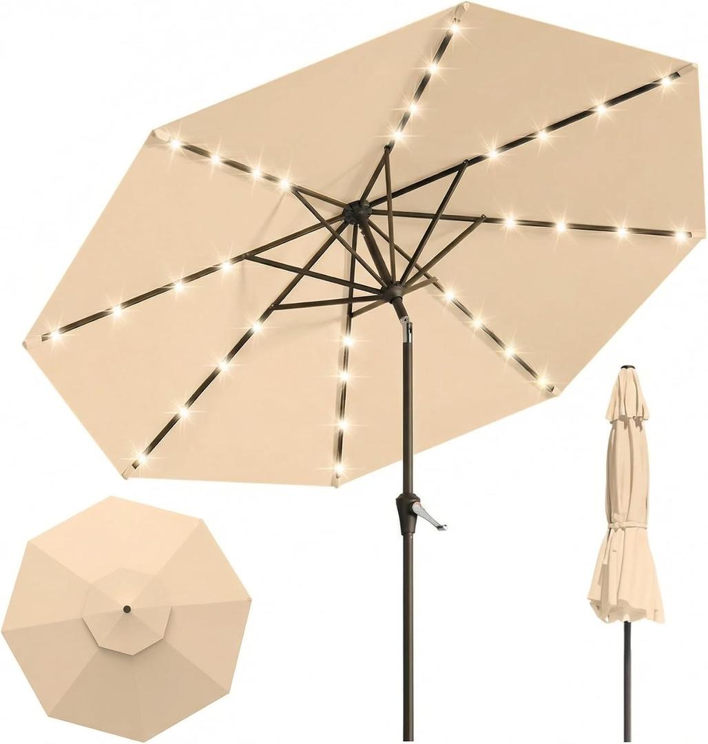 10FT Solar Lighted Patio Umbrella, Outdoor Table Market Umbrellas with Push Button Tilt and Crank, 32 LED Lights, 8 Sturdy Ribs, UV-Resistant for Deck, Garden, Pool navy blue