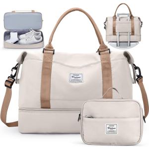 Travel Duffel Bag with Shoes Compartment, Carry on Overnight Weekender Bags for Women, For Spirit Airlines 18x14x8 Personal Item Bag (Large, Beige & Brown)