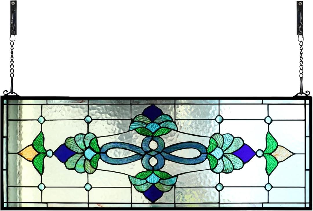 Yogoart Extra Large Horizontal Blue Victorian Stained Glass Window Panels Hanging Transom Window Panels (35" X 12") (Blue and Brown)