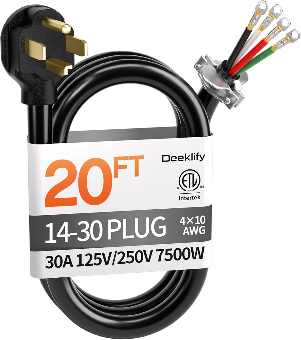 20 ft 4 Prong Dryer Cord, 30Amp 10 Gauge Dryer Power Cord Replacement, Pure Copper 4-Wire Extension Cord with NEMA 14-30P Plug and O-Ring Terminals, 250V 7500W, ETL Listed, Black STW
