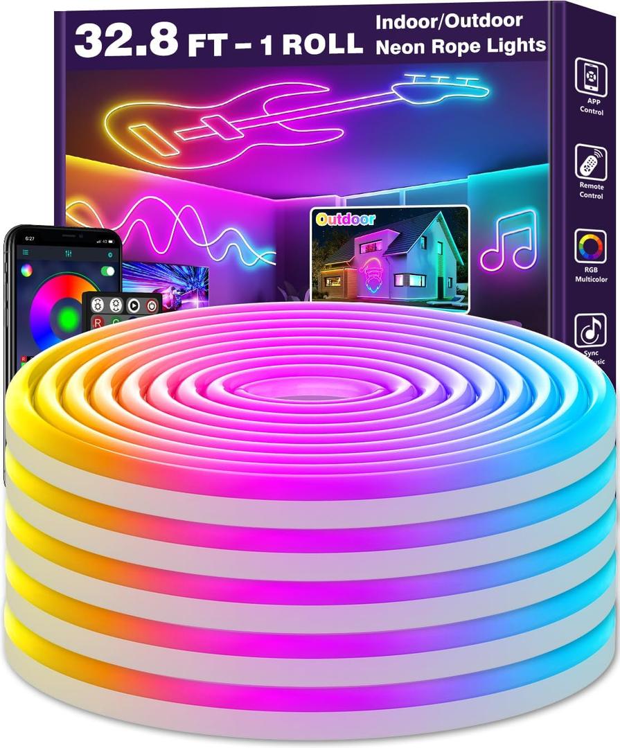 LETIANPAI 32.8Ft Neon Rope Lights, Flexible Led Rope Lights Control with App/Remote, Multiple Modes Rope Lights,IP65 Outdoor RGB Led Neon Lights Waterproof, Music Sync Gaming Led Light Strip (32.8FT)