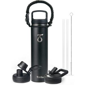 Trebo 24 oz Water Bottle Insulated with Lid and Straw,Double Wall Vacuum Stainless Steel Metal Tumbler Sports Flask with Paracord Handle, Keep Hot 24 Hours & Cold 48 Hours Water Cup with 3 Lids, Black