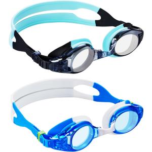 Aegend 2 Pack Kids Goggles, Swimming Goggles for Kids Age 4-16 Boys and Girls Youth, Anti-Fog Waterproof Anti-UV Pool Goggles (White Blue & Blue Black)