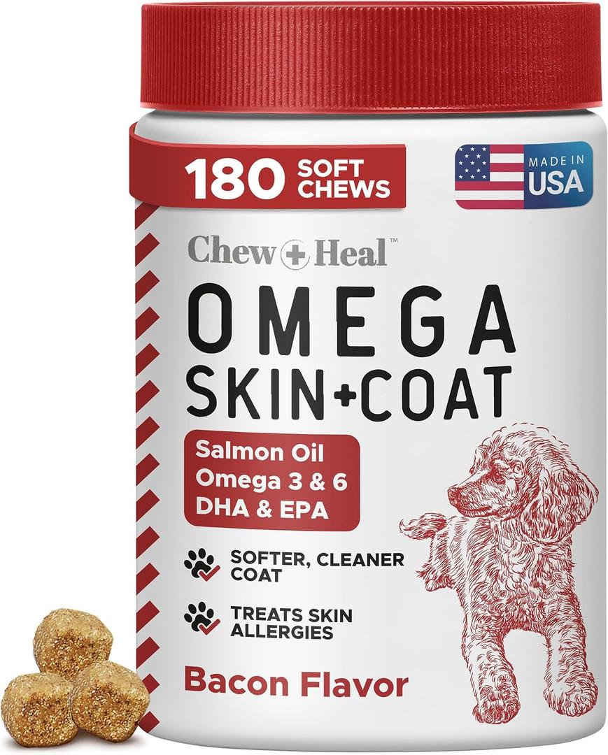 Omega for Dogs - 180 Delicious Soft Chews - Salmon Oil Treats for Skin and Coat, Itch Relief - Fish Oil Blend of Essential Fatty Acids, Omega 3, 6, and 9, and Vitamins - Smoked Bacon Flavor Omega for Dogs - 180 Delicious Soft Chews - Salmon Oil Treats for Skin and Coat, Itch Relief - Fish Oil Blend of Essential Fatty Acids, Omega 3, 6, and 9, and Vitamins - Smoked Bacon Flavor