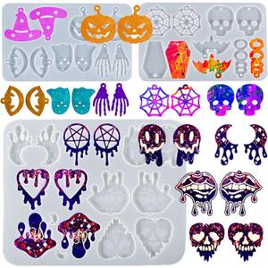 3PCS Halloween Resin Earring Molds, Silicone Jewelry Pendant Keychain Mold with Hanging Hole, Unique Skull Witch Bat Pumpkin Mold for Epoxy Resin Casting Clay, DIY Craft Decor Accessories