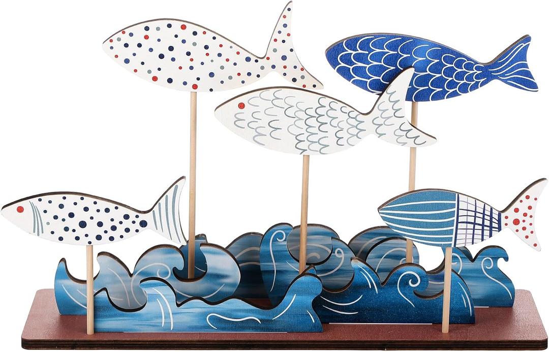 Novabright 10 Pcs Coastal Table Decor Wood School of Fish Sign Summer Beach Blue Sea Wave Centerpieces Ocean Standing Farmhouse Under The Sea Party Supplies for Home Cabinet Shelf Tabletop Decor