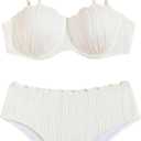 MakeMeChic Women's 2 Piece Bikini Set Textured Pearl Beaded Strap Scallop Trim High Waist Swimsuit (White, L)