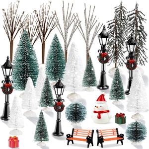 ONESING 32 Pcs Christmas Village Accessories Bottle Brush Trees with Bench Pathway Light Miniature Christmas Village Sets for Xmas DIY Crafts Christmas Holiday