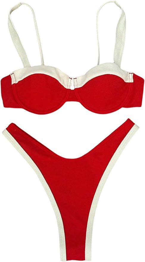 lSOLY HUX Women's Color Block Bikini Sets 2 Piece B,athing Suits High Cut Cheeky Swimsuits(S), a  Red and White