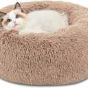 Bedsure Calming Cat Beds for Indoor Cats - Small Cat Bed Washable 20 inches, Anti-Slip Round Fluffy Plush Faux Fur Pet Bed, Fits up to 15 lbs Pets, Camel