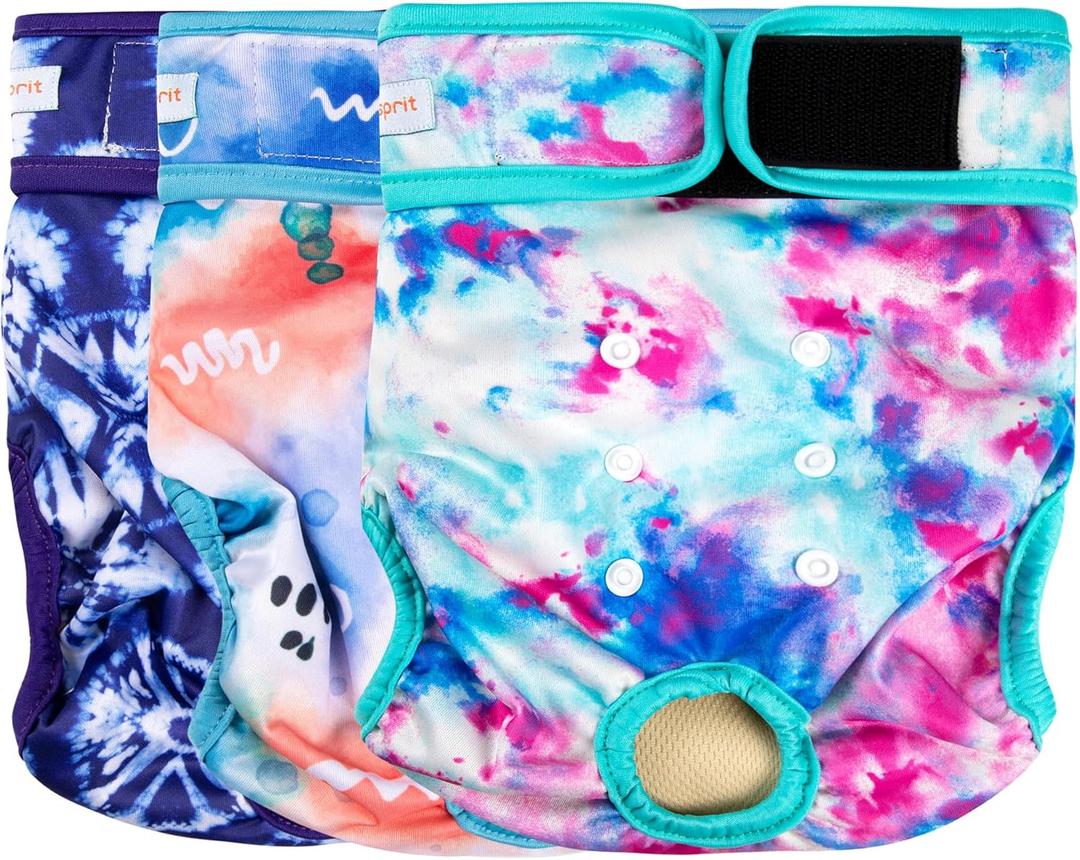 Langsprit Washable Female Dog Diapers (3 Pack) - No Leak Reusable Diapers for Doggy Female in Period - Highly Absorbent Dog Heat Panties with Adjustable Snaps Colourful, Large Size
