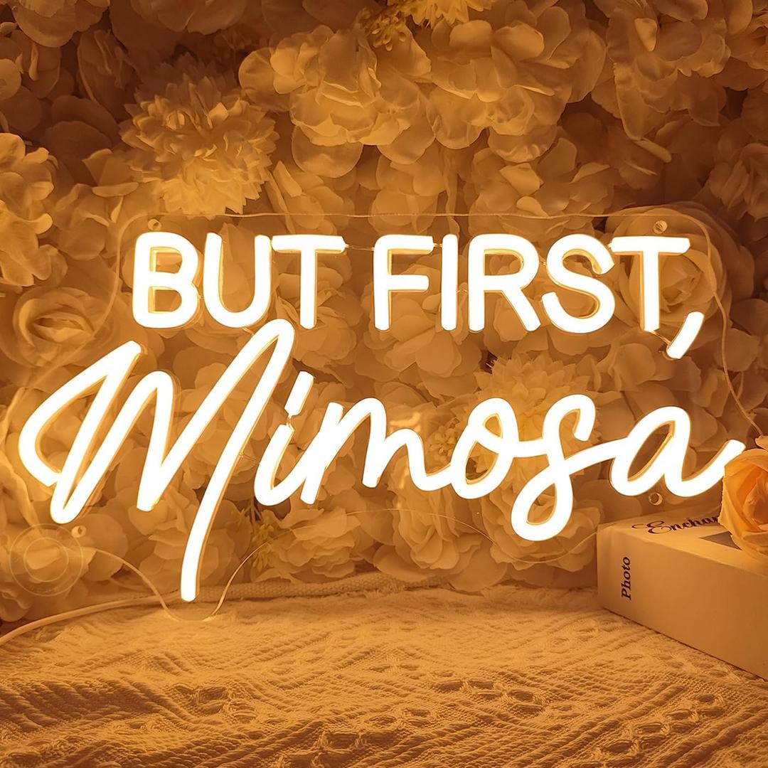 SYLHOME But First Mimosa Led Neon Light Sign Bar Shop Bedroom Wall Sign Decor Wedding Birthday Graduation Baby Bridal Shower Party Banner Backdrop USB 15.75"X8.5"